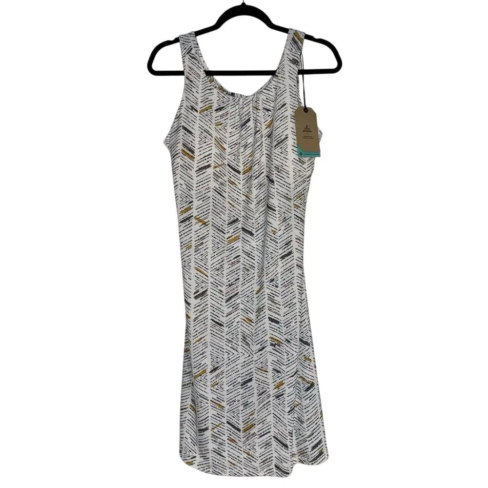NEW PrAna Skypath‎ Dress XL White w/Multicolor Pattern Knit Sleeveless Shelf Bra